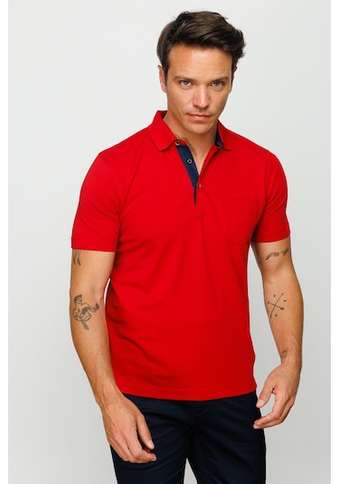 Erkek Polo Yaka Düğmeli Cepli T-shirt Kırmızı Kirmizi