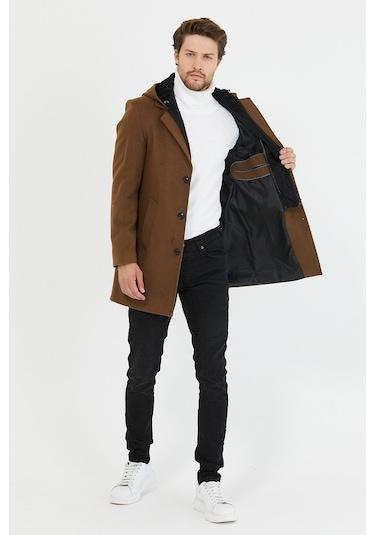 Erkek Taba Yün Karışımlı Kaşe Kapüşonlu Önü Fermuarlı Kaban-Taba