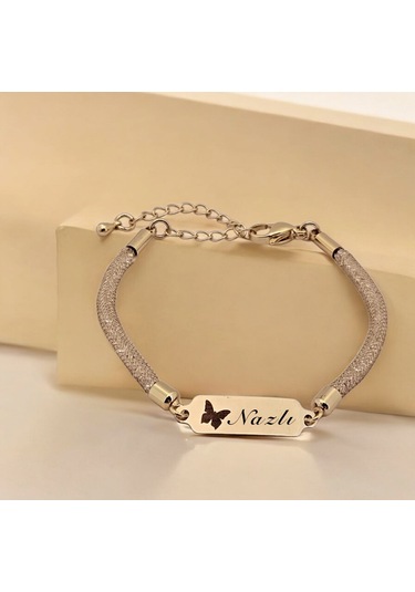 Archin Nazlı İsmine Özel 14 Ayar Altın Plakalı Hasır Kordonlu Kelebek Motifli Hediye Bileklik-647isim Nazlı