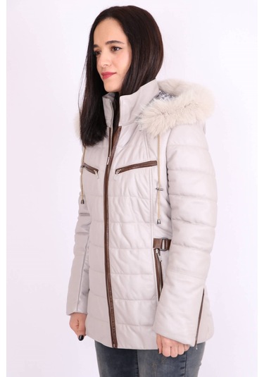 Ekru Hakiki Deri Kürklü Çıkarılabilir Kapüşonlu Kapitoneli Mont K
