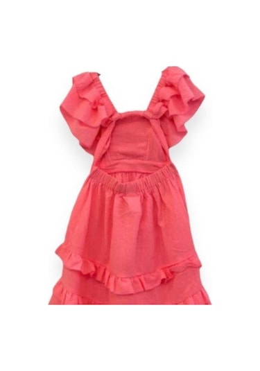 Kız Çocuk Askılı Dokuma Sırtı Açık Elbise-13744 Neon Pembe