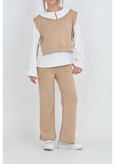 Kız Çocuk 3'lü Takım Pantolon+yelek+bluz 12429 Krem