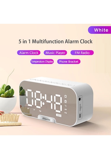 Yuntech01 Q5 Çok Fonksiyonlu Alarm Saat - Bluetooth Hoparlör, Fm Radyo, Sıcaklık Gösterici Ve Telefon Tutucu İle Dijital Led Ekranlı Taşınabilir Beyaz Dahili Pil