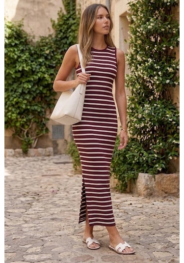 Madmext Bordo Bisiklet Yaka Çizgili Günlük Elbise Mg2803