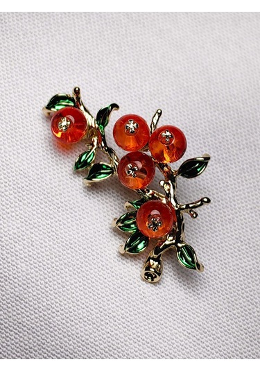 Turuncu Meyve Figürlü Dal Broş Gold Detaylı Doğal Aksesuar Gold