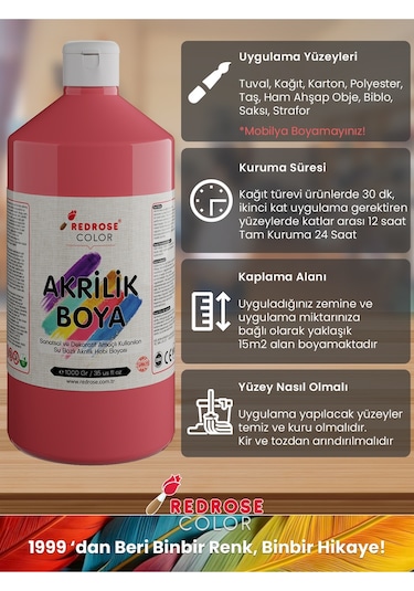 Red Rose Tüm Renkler Akrilik Boya 12'li Set 12 x 1 KG