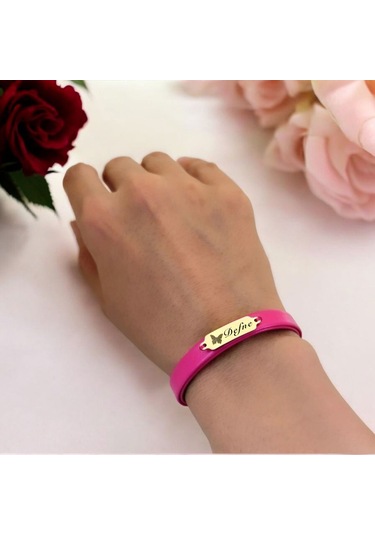 Archin Defne İsmine Özel Kelebek Figürlü 14 Ayar Altın Plakalı Doğal Pembe Derili Hediye Bileklik-651isim Defne