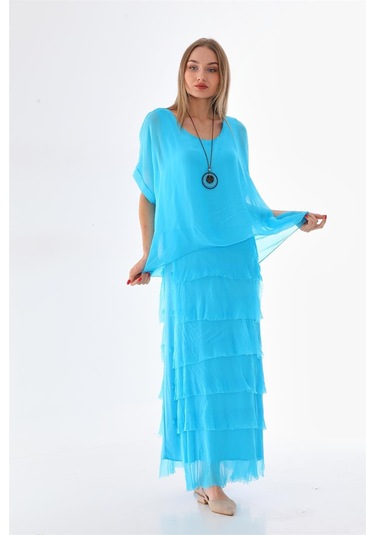 İtalyan 2 Beden İnce Gösteren Yarım Kol Kat Kat Ipek Elbise Turkuaz