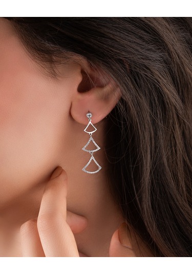 925 Ayar Zirkon Taşlı Rodyum Üçgen Motifli Şık Özel Tasarım Sallantılı Gümüş Küpe Re10221