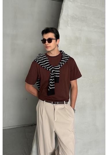 Hyman Erkek %100 Pamuk Oversize Basic T-shirt Koyu Kahve