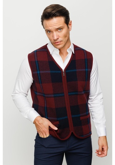 Erkek V Yaka Önü Kareli Yelek Bordo Bordo
