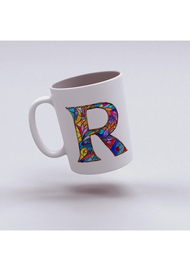 R Harfi Bardak 330 Ml İsme/harfe Özel Hediye, Renkli Harf Tasarım Beyaz
