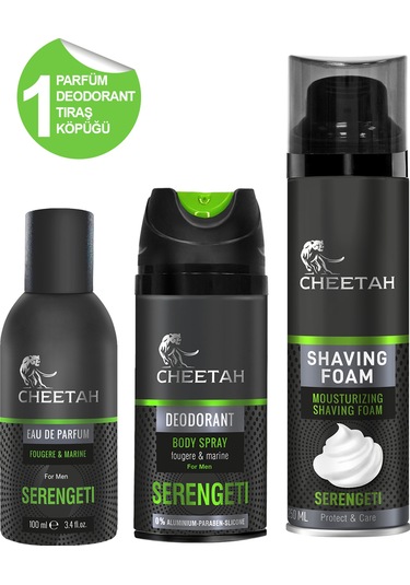 Cheetah Serengenti Erkek Parfüm EDP 100 ML + Sprey Deodorant 150 ML + Tıraş Köpüğü 250 ML