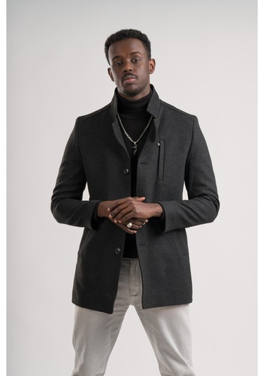 Slimfit Hakim Yaka Düğme Kapamalı Yan Cepli Astarlı Tek Yırtmaçlı Yünlü Kaşe Kaban Antrasit