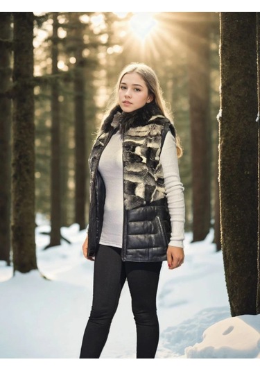 Kadın Kolsuz Hakiki Deri Kürk - Siyah Bordo