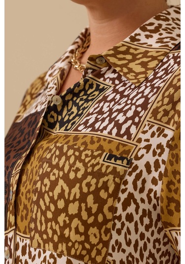 Galaxi Kadın Büyük Beden Desenli Gömlek 4016 Kahverengi Kahverengi