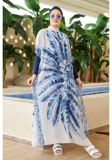 Remsa Mayo Tesettür Mayo Üzerine Desenli Tek Kaftan Pareo 430-301 Maldiv Mavi Mavi