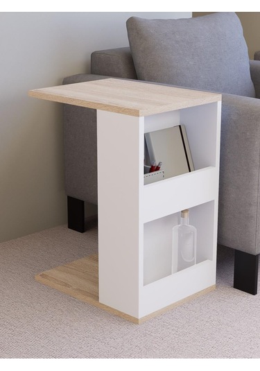 Dergilikli Raflı C Yan Sehpa, %100 Mdf Sonoma/beyaz Beyaz