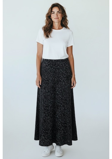 Kadın Beli Lastikli Desenli Sekiz Parça Balık Etek Siyah