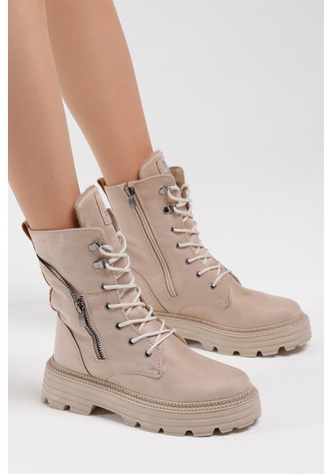 Poli Taban Fermuar Detaylı Rahat Kalıp Bağcıklı Kadın Krem Süet Bot Tber200 Krem Süet