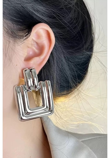 Caş Dekorasyon Gümüş Renkli Çelik Küpe- Çift Gümüş