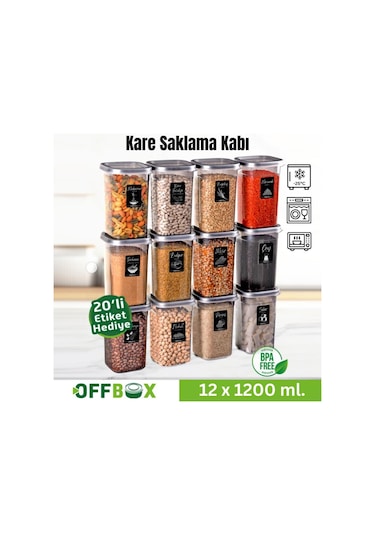 Offbox Kare Bakliyat Baharat Gıda Saklama Kabı - 1.2 Lt. - 12 Adet Antrasit Şeffaf