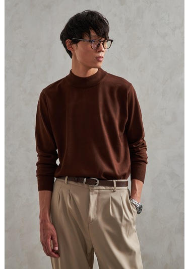 Erkek Yarım Balıkçı Oversize Basıc Triko Kazak Kahverengi