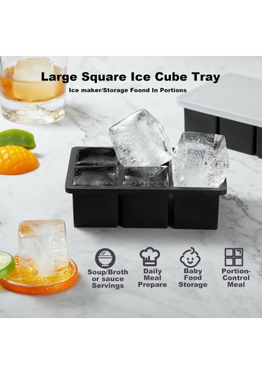 Yuntech01 Üçlü Büyük Silikon Kocka Buz Kalıbı Seti - Kokteyller İçin Süper Kare Buzlar Siyah