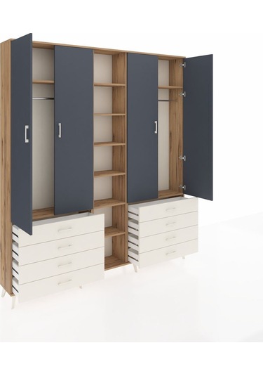 Arges Dolap 10 Raflı 8 Çekmeceli 2 Askılı 220x30x243 Çam-antrasit/aytaşı Antrasıt/aytası