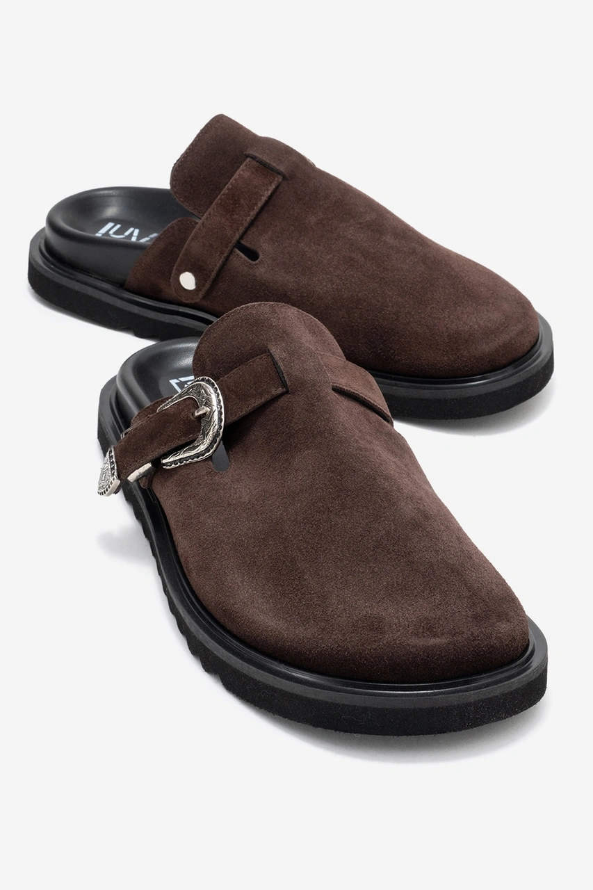 Vesta Kahverengi Süet Tokalı Hakiki Deri Kadın Burnu Kapalı Terlik Kahverengi