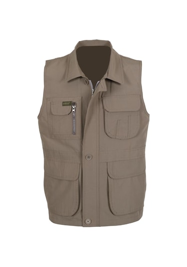 Erkek Keten Yelek Normal Kesim Yakalı Rar00880 Avcı Yeleği Krem