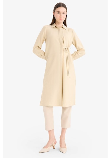 DeFacto Regular Fit Gömlek Yaka Büzgülü Uzun Kollu Diz Altı Tesettür Tunik D9862AX25SMBG737