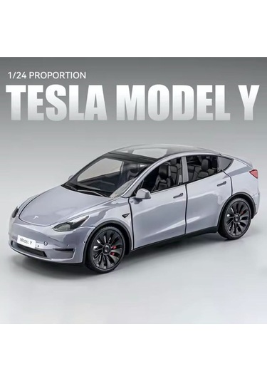 Tesla Model Y 1:24 Ölçek Diecast Döküm Model Araba Sesli Işıklı Gri Jarj İstasyonlu Model