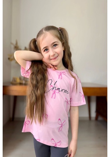Fiyonk Desenli Kız Çocuk Pembe Renk Taytlı Takım Pembe
