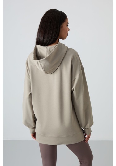 Tommy Life Koyu Bej Balon Kol Yazı Nakışlı Kadın Oversize Tunik Sweatshirt - 97163 Koyu Bej