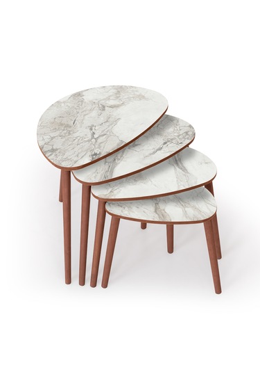 Nora 4lü Dörtlü Mdf Ahşap Zigon Sehpa - Beyaz Mermer Desen