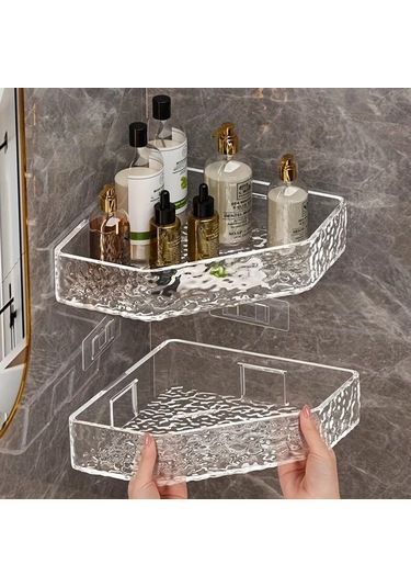 Xuweiwei 1 Adet Plastik Duvara Monte Transparan Banyo Köşe Rafı, Altın Boru Yok Şeffaf