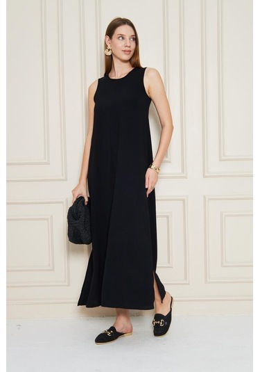 Kadın Sıfır Kol Aerobin Kumaş A Kesim Yırtmaçlı Maxi Yazlık Elbise 3760330 Siyah