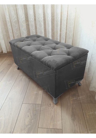 Lüks Sandıklı Kapitoneli Ayakucu Puf Bench 100 Cm Gümüş Ayak gri