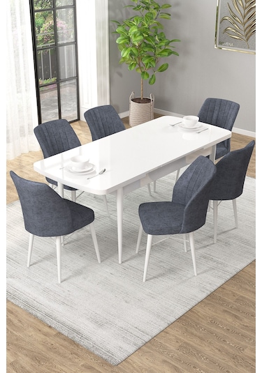 Arel Beyaz 80x132 Açılabilir Mdf Masa Yemek Odası Takımı, Mutfak Takımı 6 Adet Sandalye Beyaz Masa - 6 Füme - Beyaz Ayak Arel Beyaz 80x132 Açılabilir Mdf Masa Yemek Odası Takımı, Mutfak Takımı 6 Adet Sandalye Beyaz Masa - 6 Füme - Beyaz Ayak