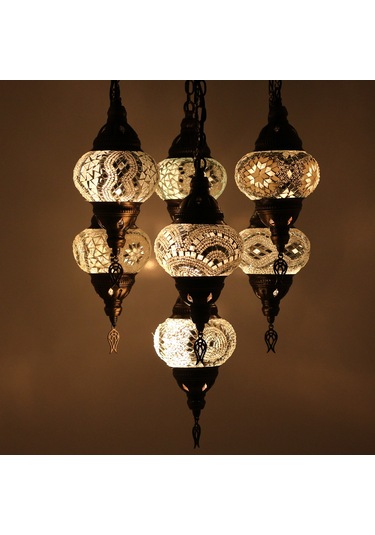 Dekoratif Mozaik Lamba 7 li Sarkıt Avize Renkli Desenli Lamba v3