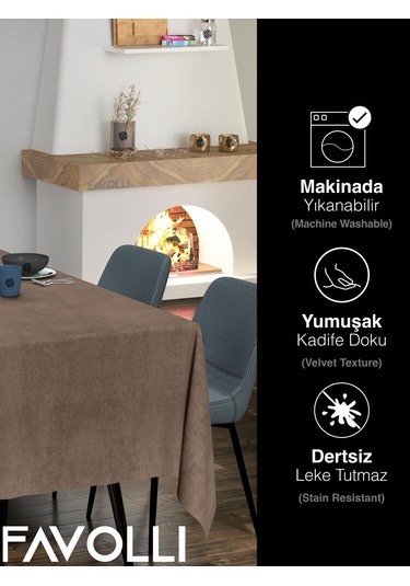 Kadife Dokulu Kaju Renk Masa Örtüsü Kaju
