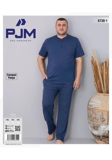 Pijamoni Erkek Battal Düğme Yaka Penye Kısa Kol Pijama Takımı 6730/1 - 1 Adet Mavi