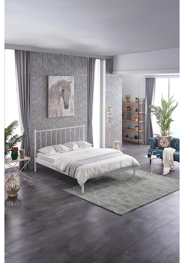 Falez-st Çift Kişilik Metal Karyola-beyaz Yüksek Başlıklı Ahşap Latalı