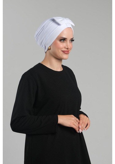 Beyaz Pratik Hazır Geçmeli Fiyonklu Bone Sandy Çift Taraflı Çapraz 3007b 42 Beyaz