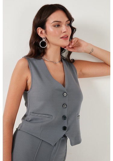 Lela Streç Fitted Fit V Yaka Düğmeli Bayan Yelek 5865971 Füme
