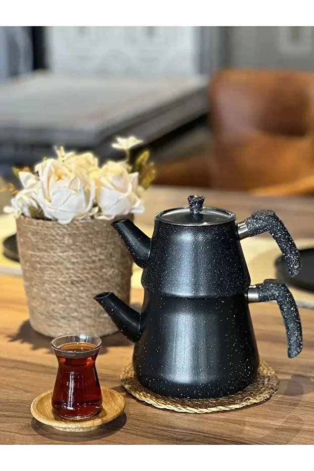 Granit Kaplama Pramit Cam Kapaklı Çaydanlık Siyah Siyah