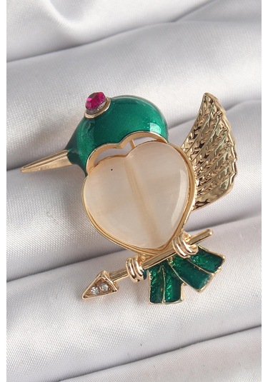 Pirinç Gold Renk Beyaz Mineli Kalp Yeşil Sinek Kuşu Model Pembe Zirkon Taş Detay Kadın Broş Çok Renkli