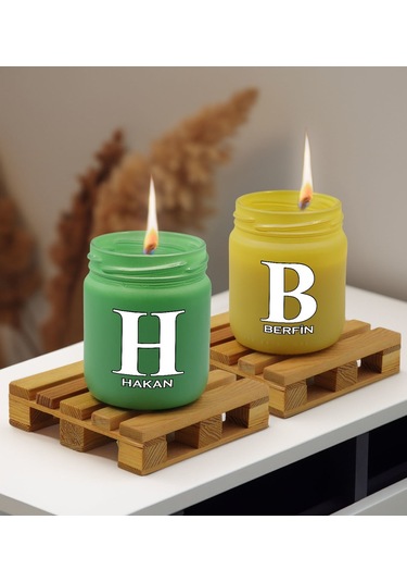 Bk Gift Kişiye Özel Dtf İsimli 2 Li Yeşil Ve Sarı Renkli Cam Kavanozda Kokulu Mum-2, Arkadaşa Hediye, Sevgiliye Hediye