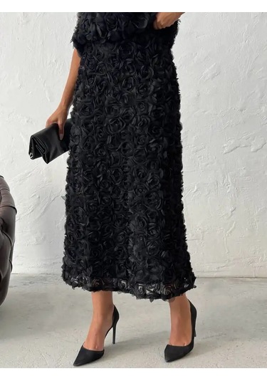 Gül Desenli Tül Etek Siyah